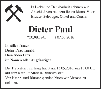 Traueranzeige von Dieter Paul von WVG - Wochenspiegel Bitterfeld