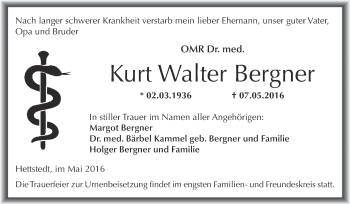 Traueranzeige von Kurt Walter Bergner von Wochenspiegel Mansfelder Land