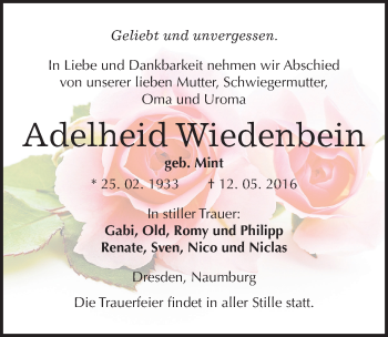 Traueranzeige von Adelheid Wiedenbein von Mitteldeutsche Zeitung Naumburg/Nebra