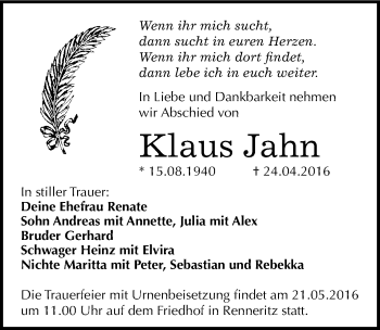 Traueranzeige von Klaus Jahn von Mitteldeutsche Zeitung Bitterfeld