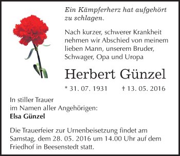 Traueranzeige von Herbert Günzel von Mitteldeutsche Zeitung Halle/Saalkreis