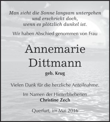 Traueranzeige von Annemarie Dittmann von WVG - Wochenspiegel Merseburg