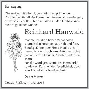 Traueranzeige von Reinhard Hanwald von WVG - Wochenspiegel Dessau / Köthen