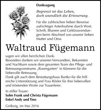 Traueranzeige von Waltraud Fügemann von Mitteldeutsche Zeitung Köthen