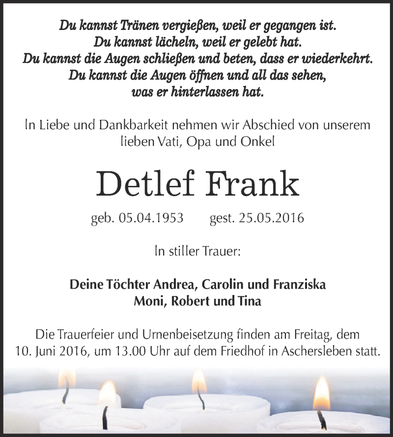  Traueranzeige für Detlef Frank vom 28.05.2016 aus Super Sonntag Aschersleben