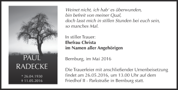 Traueranzeige von Paul Radecke von Super Sonntag Bernburg
