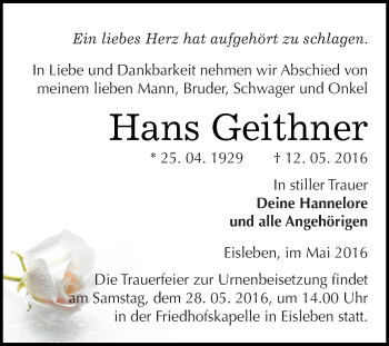 Traueranzeige von Hans Geithner von Wochenspiegel Mansfelder Land