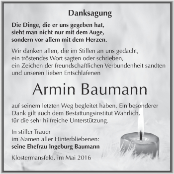 Traueranzeige von Armin Baumann von Super Sonntag SGH Mansf. Land