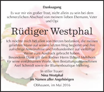 Traueranzeige von Rüdiger Westphal von WVG - Wochenspiegel Merseburg