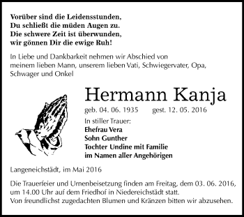 Traueranzeige von Hermann Kanja von WVG - Wochenspiegel Merseburg