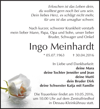 Traueranzeige von Ingo Meinhardt von Mitteldeutsche Zeitung Dessau-Roßlau