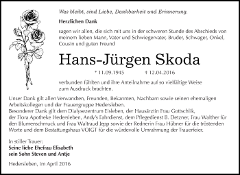 Traueranzeige von Hans-Jürgen Skoda von Wochenspiegel Mansfelder Land