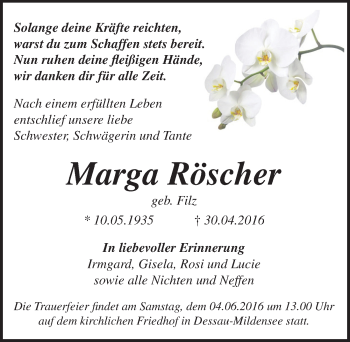 Traueranzeige von Marga Röscher von Mitteldeutsche Zeitung Dessau-Roßlau
