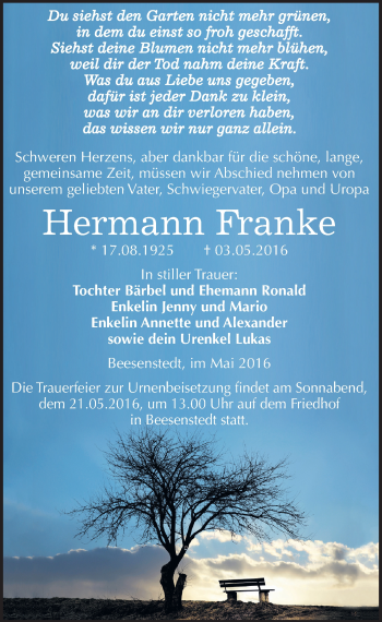 Traueranzeige von Hermann Franke von Mitteldeutsche Zeitung Halle/Saalkreis