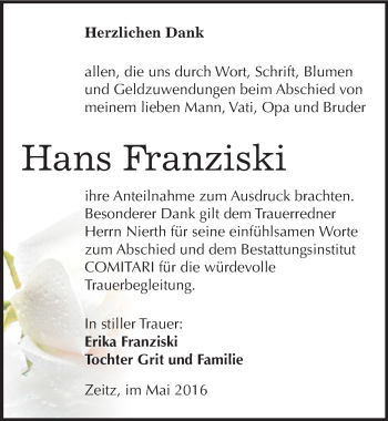 Traueranzeige von Hans Franziski von Mitteldeutsche Zeitung Zeitz