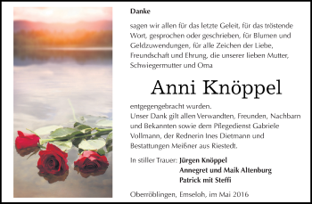 Traueranzeige von Anni Knöppel von Super Sonntag SGH Mansf. Land