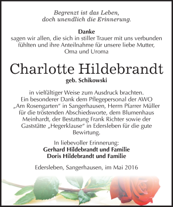 Traueranzeige von Charlotte Hildebrandt von Mitteldeutsche Zeitung Sangerhausen