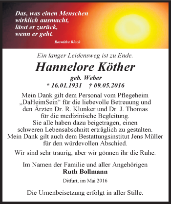 Traueranzeige von Hannelore Köther von Mitteldeutsche Zeitung Quedlinburg