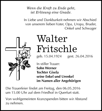 Traueranzeige von Walter Fritschle von Mitteldeutsche Zeitung Merseburg/Querfurt