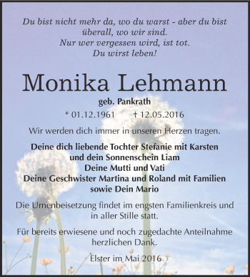 Traueranzeige von Monika Lehmann von Super Sonntag Wittenberg