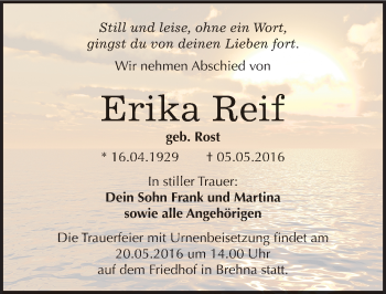 Traueranzeige von Erika Reif von Mitteldeutsche Zeitung Bitterfeld