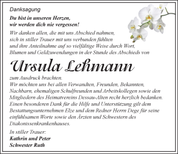 Traueranzeige von Ursula Lehmann von Mitteldeutsche Zeitung Dessau-Roßlau