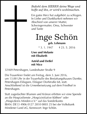 Traueranzeige von Inge Schön von Mitteldeutsche Zeitung Köthen