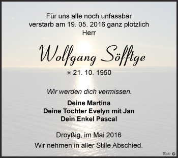 Traueranzeige von Wolfgang Söfftge von Super Sonntag Zeitz