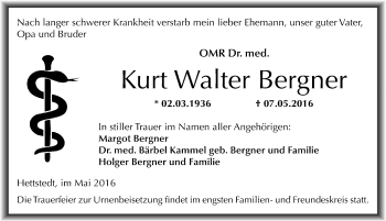 Traueranzeige von Kurt Walter Bergner von Mitteldeutsche Zeitung Mansfelder Land