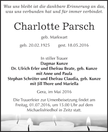 Traueranzeige von Charlotte Parsch von Super Sonntag Zeitz