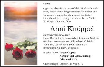Traueranzeige von Anni Knöppel von Mitteldeutsche Zeitung Sangerhausen