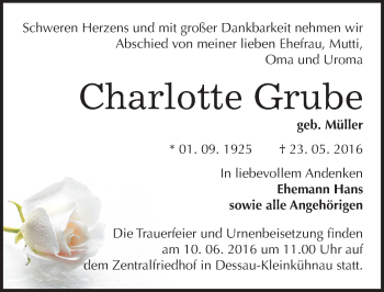 Traueranzeige von Charlotte Grube von Mitteldeutsche Zeitung Dessau-Roßlau