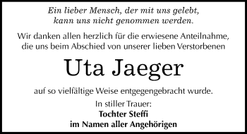 Traueranzeige von Uta Jaeger von Mitteldeutsche Zeitung Merseburg/Querfurt