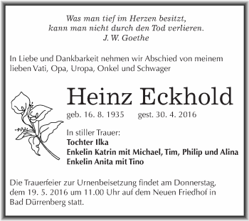 Traueranzeige von Heinz Eckhold von WVG - Wochenspiegel Merseburg