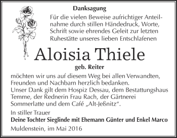 Traueranzeige von Aloisia Thiele von WVG - Wochenspiegel Bitterfeld