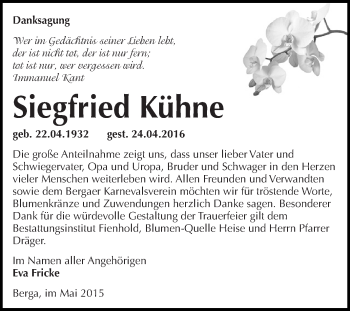 Traueranzeige von Siegfried Kühne von Super Sonntag SGH Mansf. Land