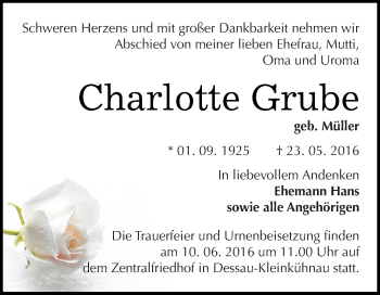 Traueranzeige von Charlotte Grube von WVG - Wochenspiegel Dessau / Köthen