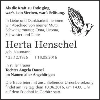 Traueranzeige von Herta Henschel von Super Sonntag Bernburg