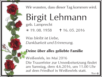 Traueranzeige von Birgit Lehmann von Mitteldeutsche Zeitung Weißenfels