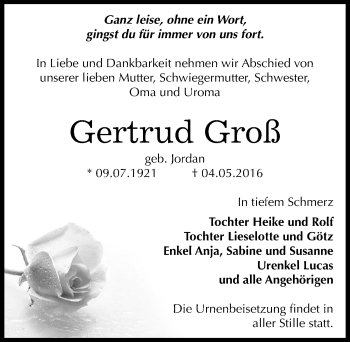 Traueranzeige von Gertrud Groß von Mitteldeutsche Zeitung Köthen