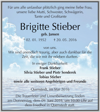 Traueranzeige von Brigitte Stieber von Super Sonntag SGH Mansf. Land