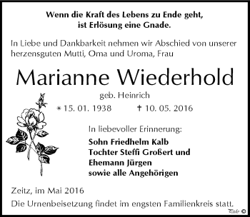 Traueranzeige von Marianne Wiederhold von Mitteldeutsche Zeitung Zeitz