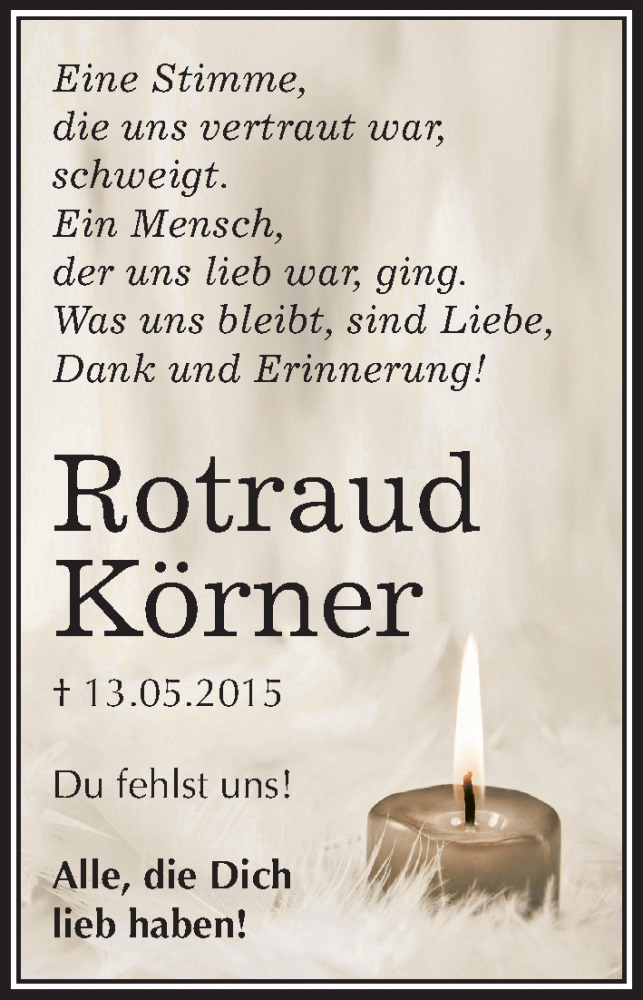  Traueranzeige für Rotraud Körner vom 13.05.2016 aus Mitteldeutsche Zeitung Köthen