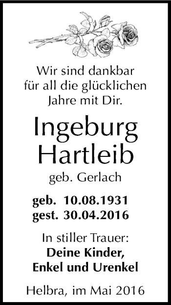 Traueranzeige von Ingeburg Hartleib von Mitteldeutsche Zeitung Mansfelder Land