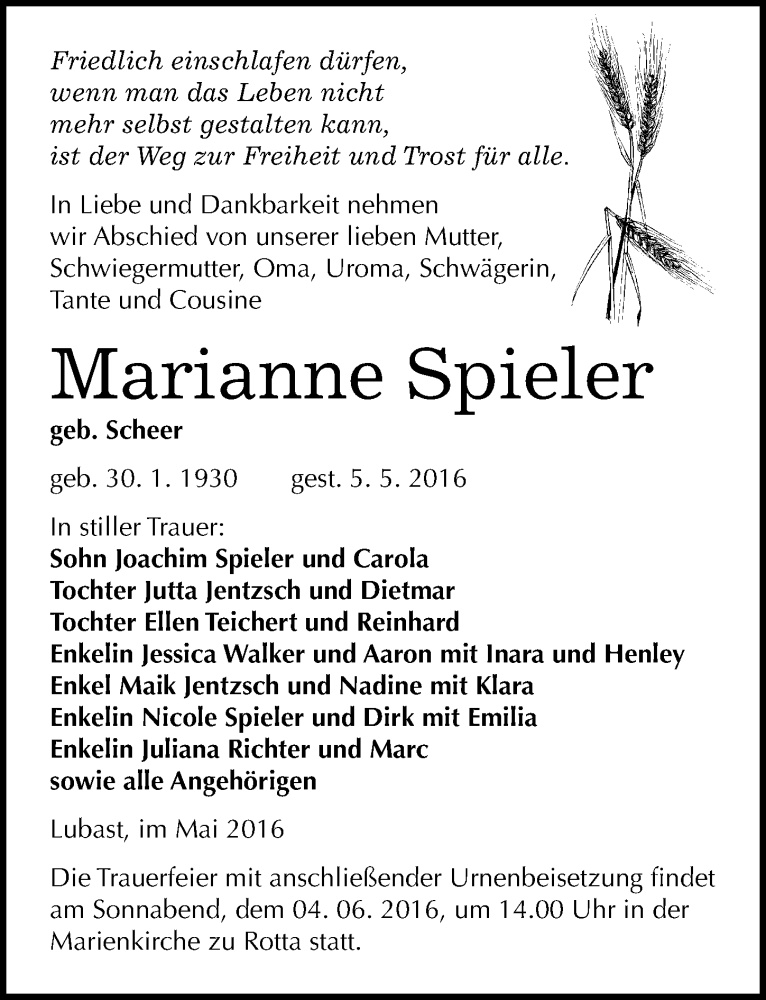  Traueranzeige für Marianne Spieler vom 21.05.2016 aus Mitteldeutsche Zeitung Wittenberg