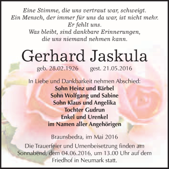 Traueranzeige von Gerhard Jaskula von WVG - Wochenspiegel Merseburg