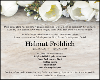 Traueranzeige von Helmut Fröhlich von WVG - Wochenspiegel Dessau / Köthen