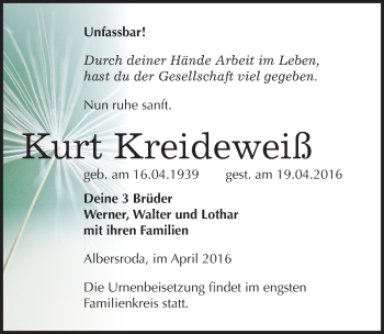Traueranzeige von Kurt Kreideweiß von Mitteldeutsche Zeitung Merseburg/Querfurt