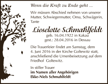 Traueranzeige von Lieselotte Schmahlfeldt von WVG - Wochenspiegel Dessau / Köthen