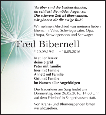 Traueranzeige von Fred Bibernell von Mitteldeutsche Zeitung Sangerhausen